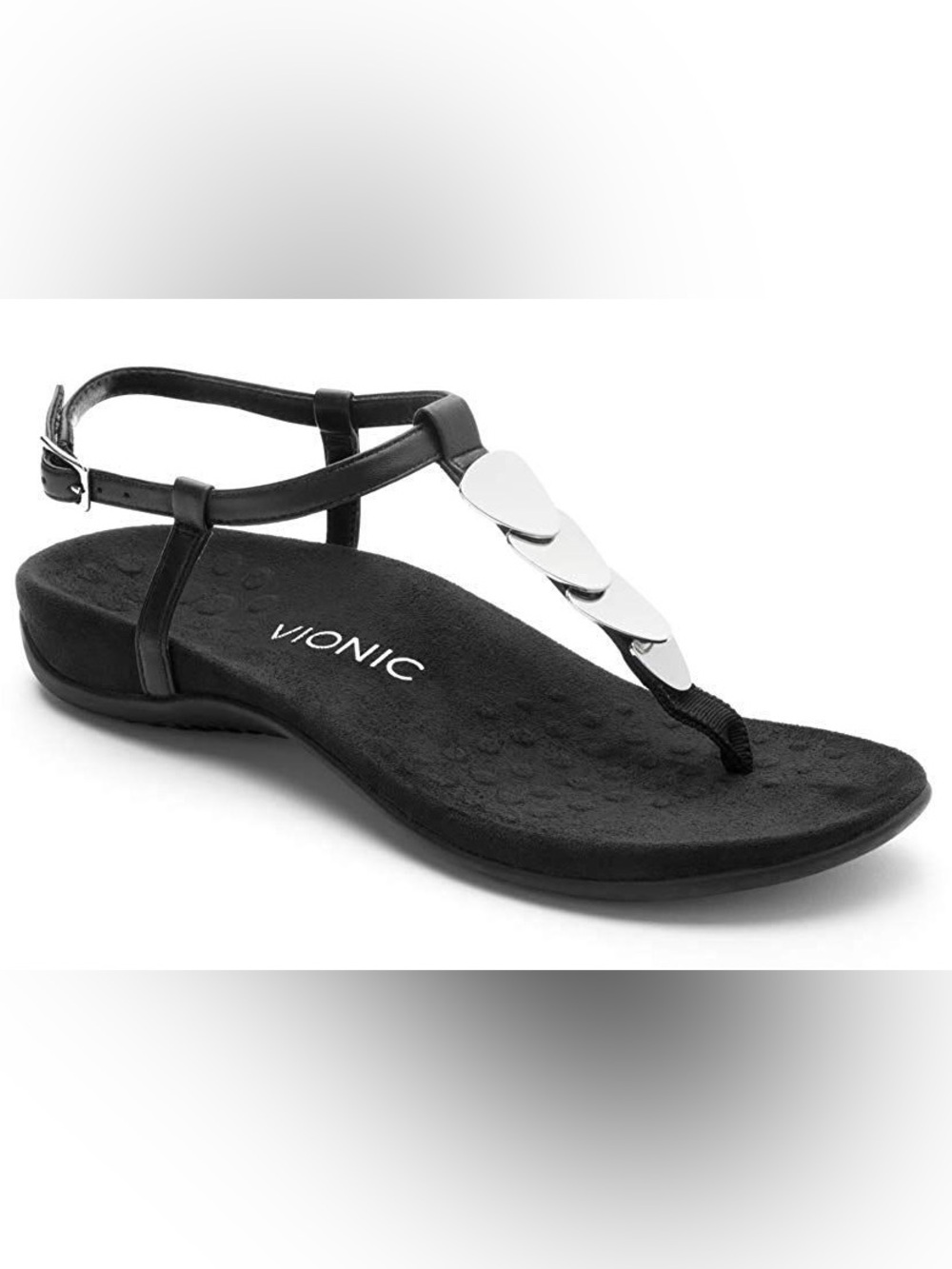 Vionic Miami Black Thong Ankle Strap Sandal with Silver Accents